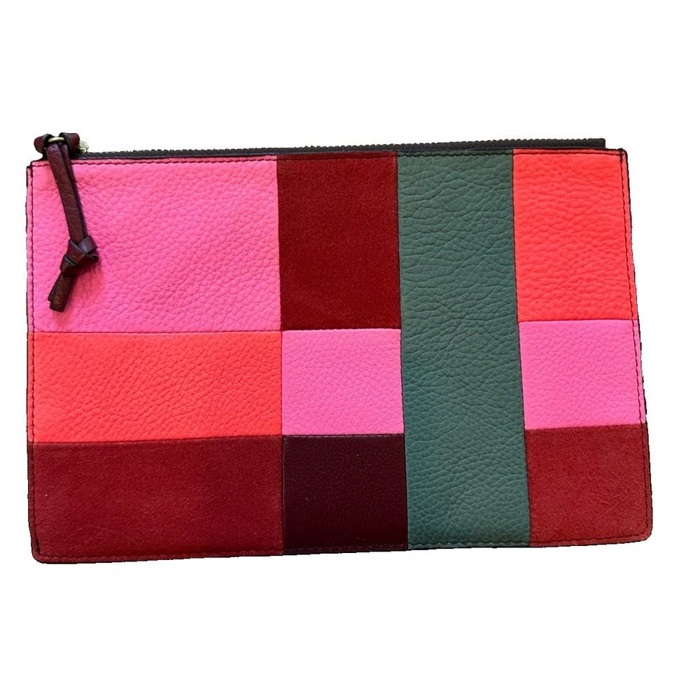 Fossil Sydney Top Zip Leather Pouch Slim Clutch in Hot Pink Gray Red Colorblock